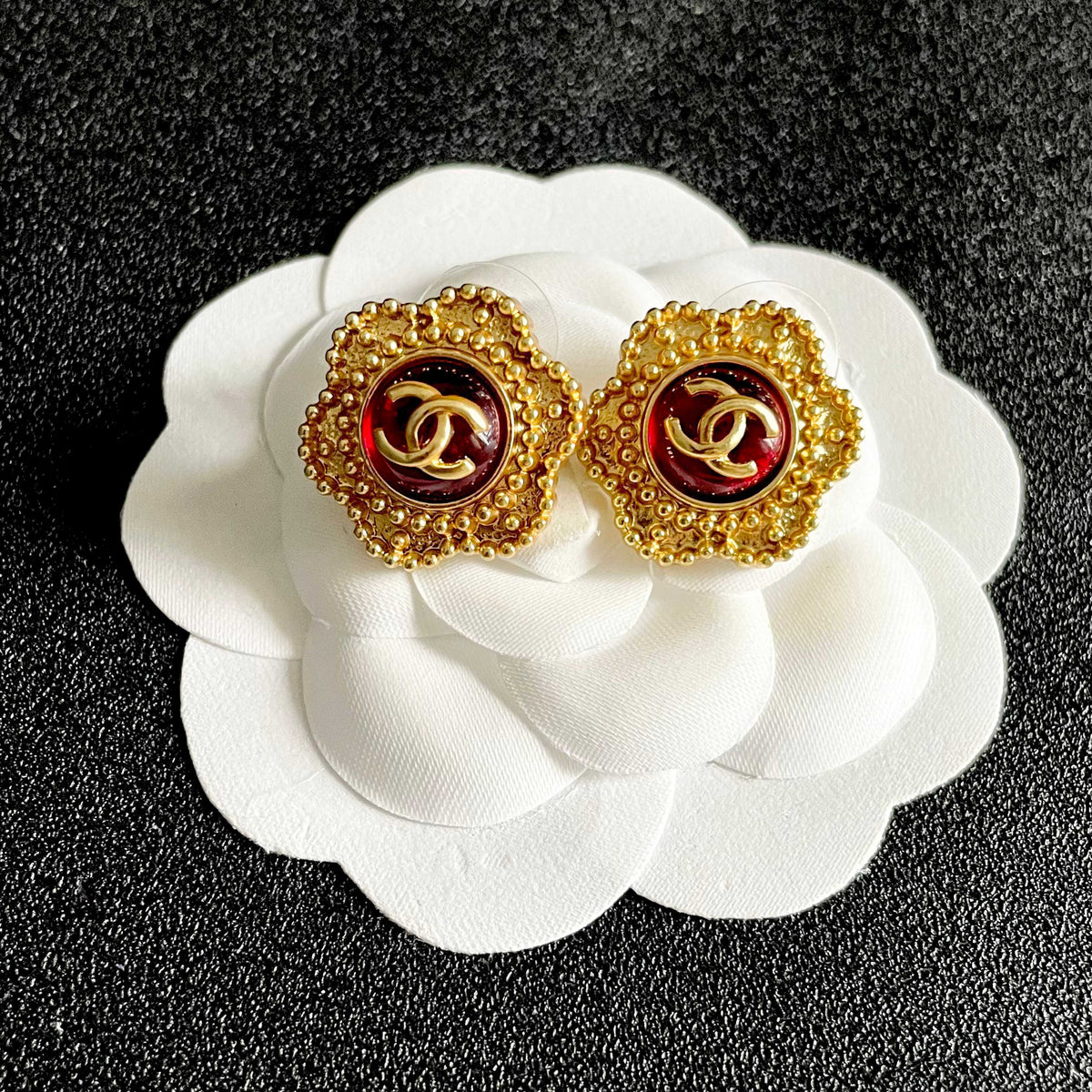 Double-C Emblem Stud Earrings in Polished Metal-Tone – Design 339 front product view