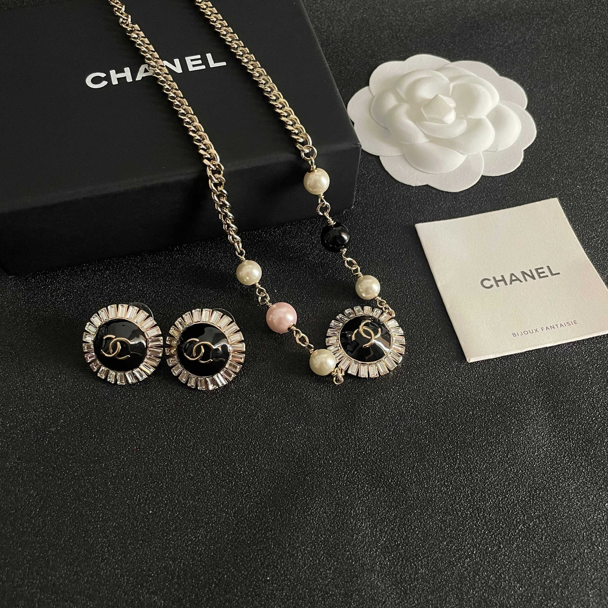 Double-C Emblem Pearl-Detail Pendant Necklace – Pearl Detail – Design 105 styled product view
