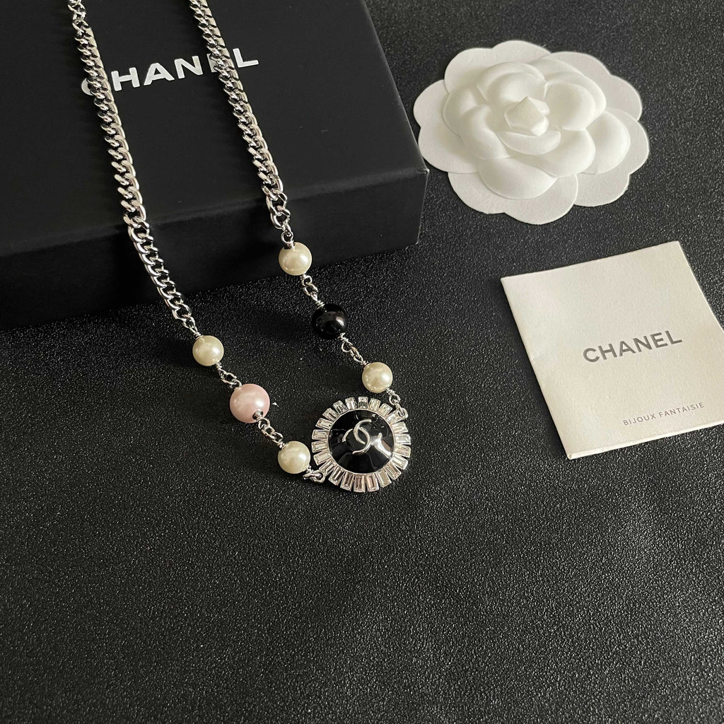 Double-C Emblem Pearl-Detail Pendant Necklace – Pearl Detail – Design 035 styled product view