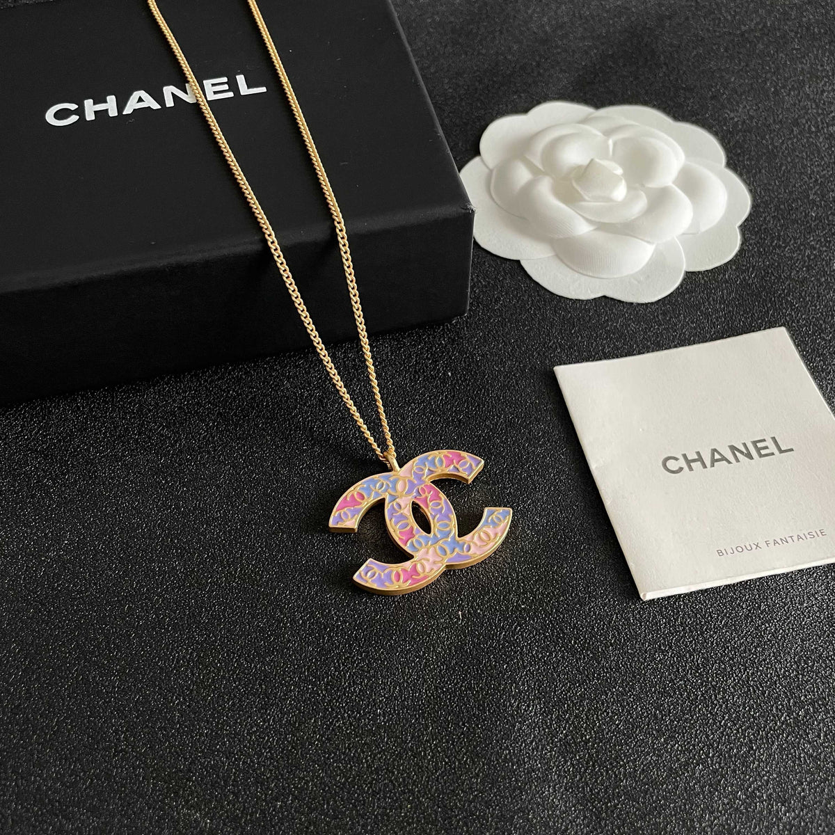 Double-C Emblem Pendant Necklace in Polished Metal-Tone – Design 061 styled product view