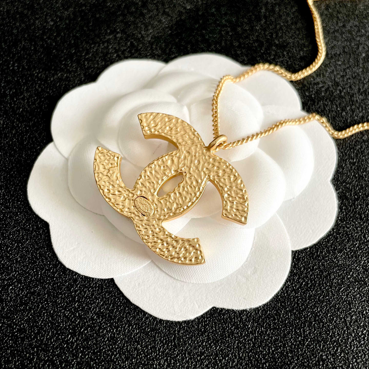 Double-C Emblem Pendant Necklace in Polished Metal-Tone – Design 016 front product view