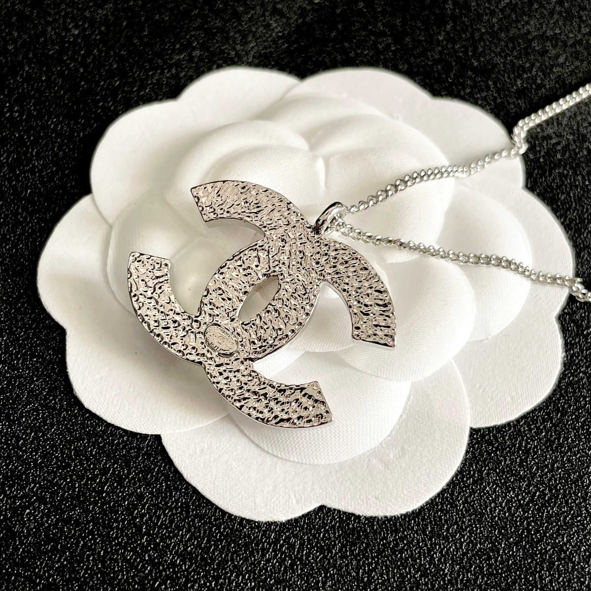 Double-C Emblem Pendant Necklace in Polished Metal-Tone – Design 015 front product view
