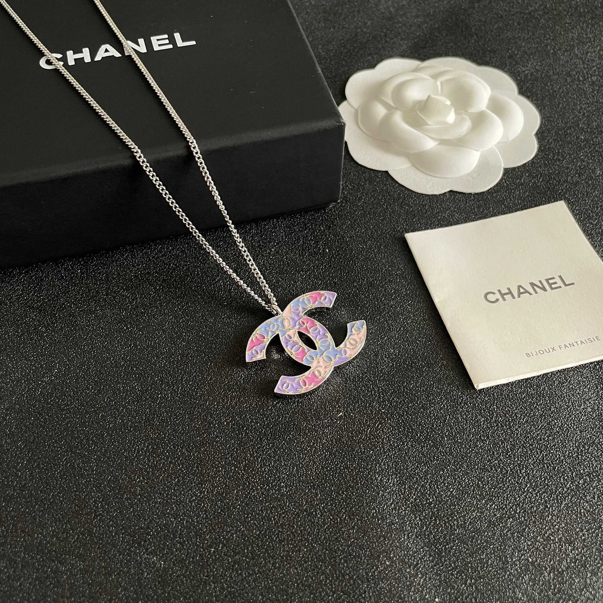 Double-C Emblem Pendant Necklace in Polished Metal-Tone – Design 060 styled product view
