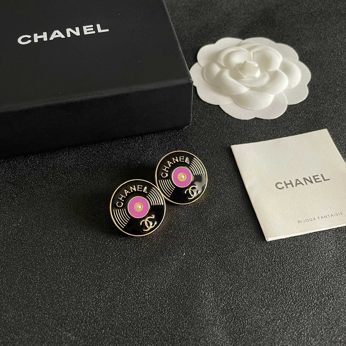 Double-C Emblem Stud Earrings in Polished Metal-Tone – Design 359 styled product view