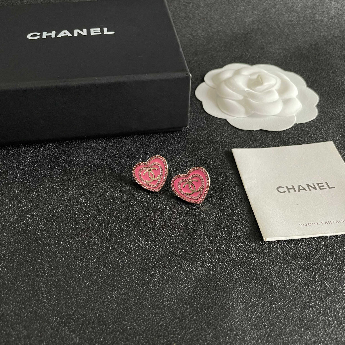 Double-C Emblem Crystal-Accent Stud Earrings – Heart Detail – Design 007 styled product view