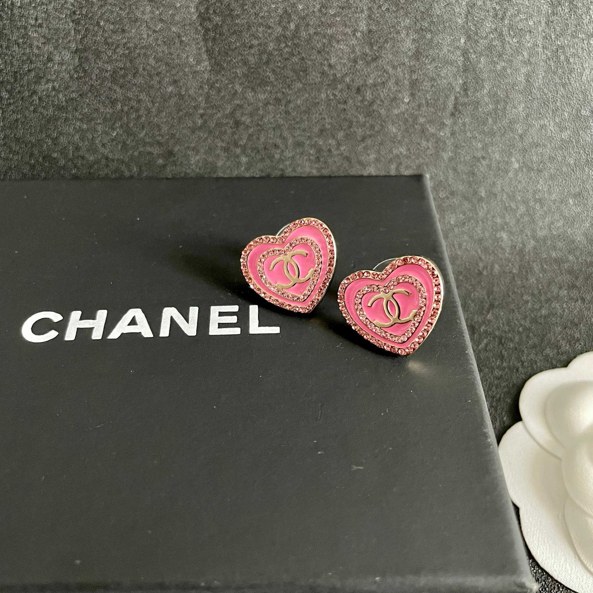 Double-C Emblem Crystal-Accent Stud Earrings – Heart Detail – Design 003 detail view