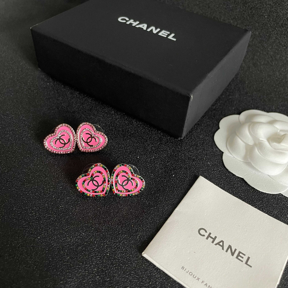 Double-C Emblem Crystal-Accent Stud Earrings – Heart Detail – Design 002 close-up detail