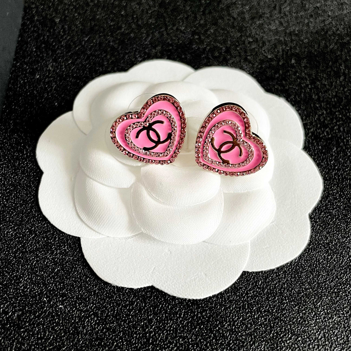 Double-C Emblem Crystal-Accent Stud Earrings – Heart Detail – Design 007 front product view