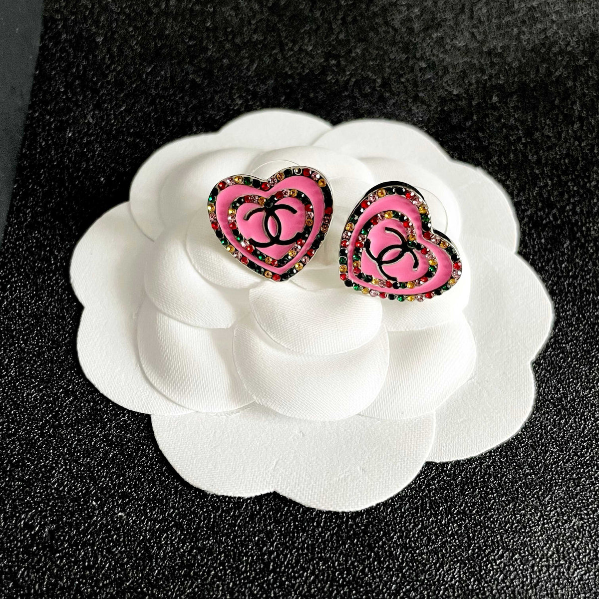 Double-C Emblem Crystal-Accent Stud Earrings – Heart Detail – Design 006 front product view