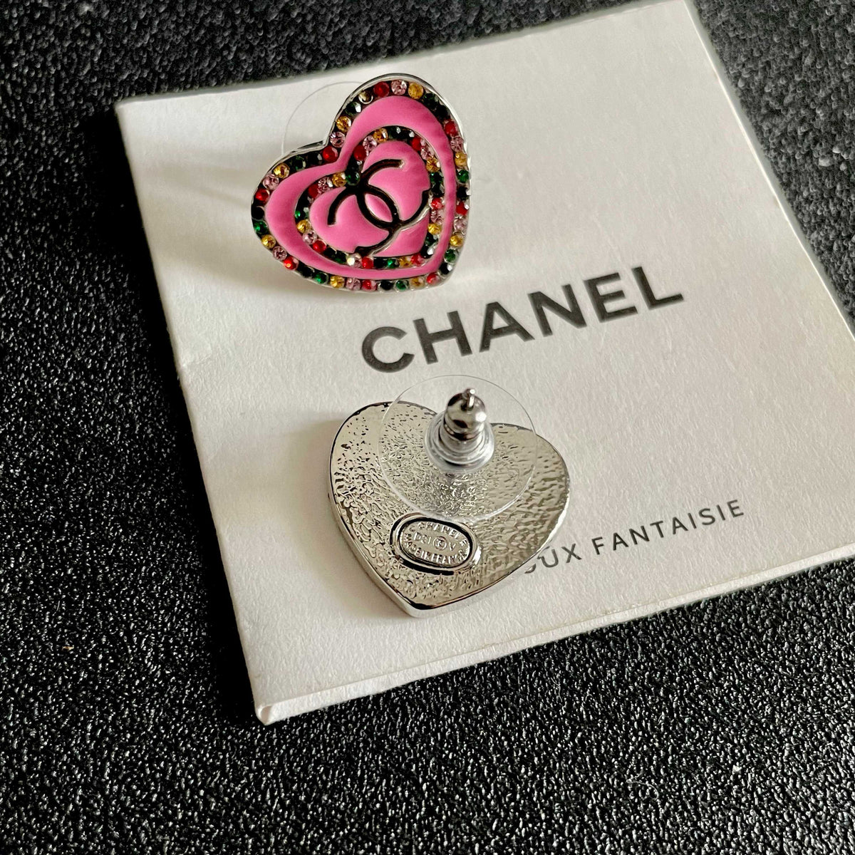 Double-C Emblem Crystal-Accent Stud Earrings – Heart Detail – Design 002 main product view