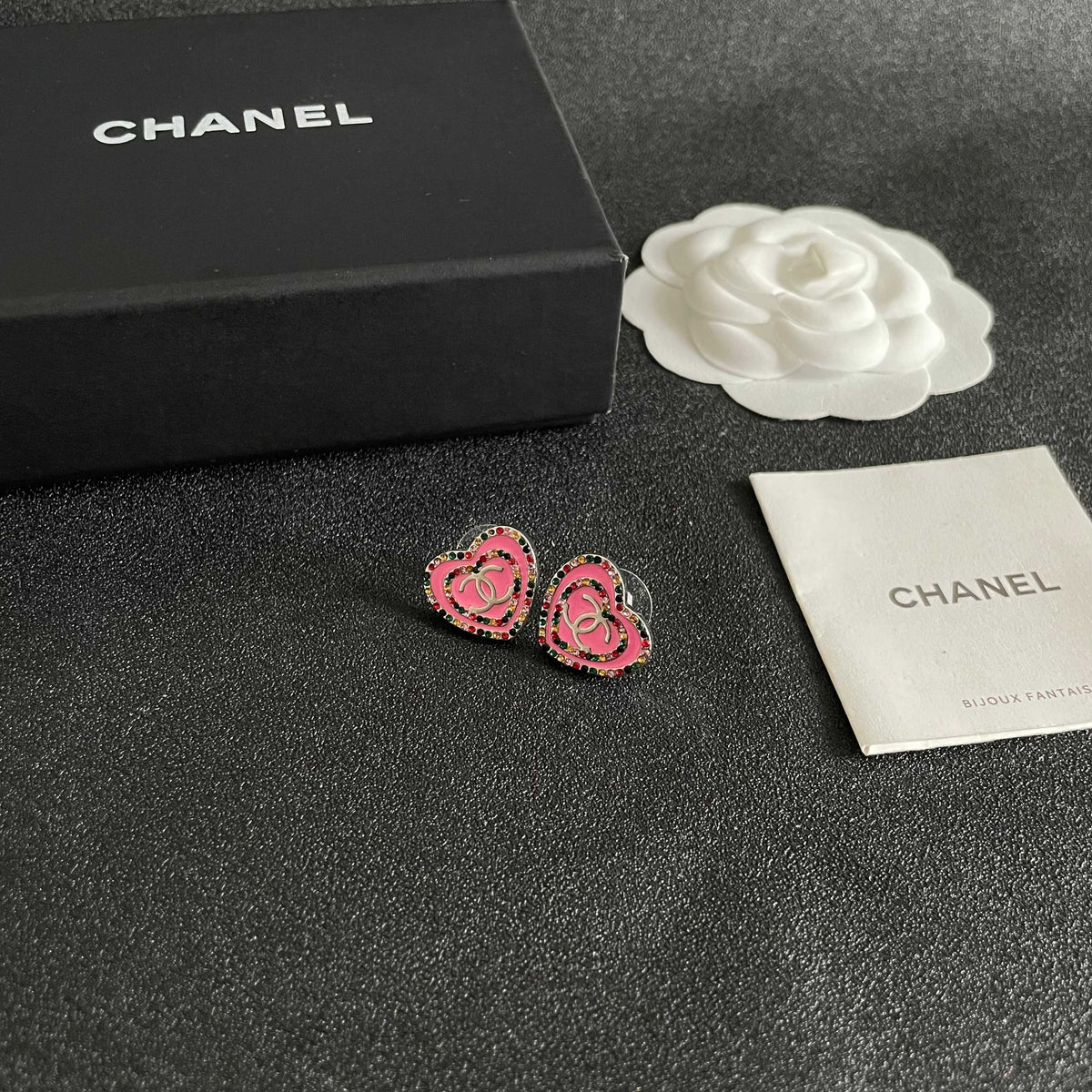 Double-C Emblem Crystal-Accent Stud Earrings – Heart Detail – Design 002 styled product view