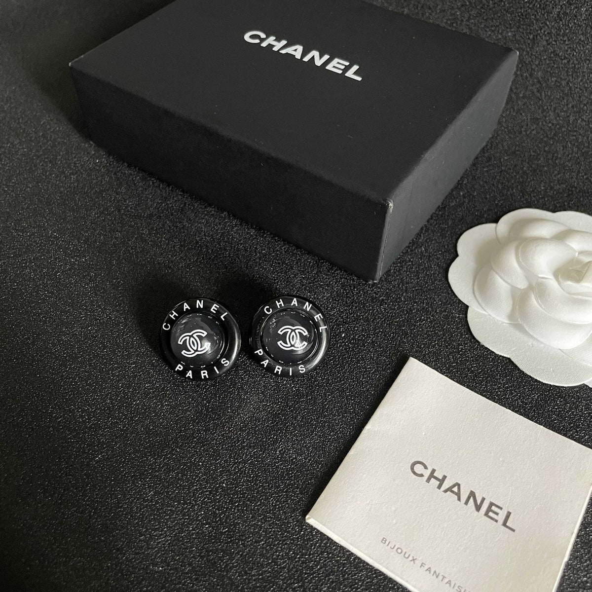 Double-C Emblem Stud Earrings in Polished Metal-Tone – Design 358 close-up detail
