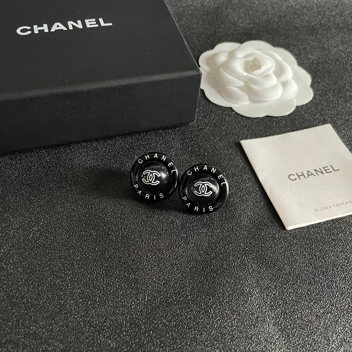 Double-C Emblem Stud Earrings in Polished Metal-Tone – Design 358 styled product view