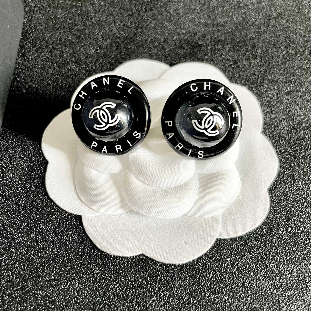 Double-C Emblem Stud Earrings in Polished Metal-Tone – Design 358 front product view