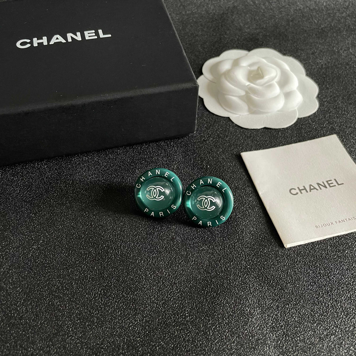 Double-C Emblem Stud Earrings in Polished Metal-Tone – Design 357 styled product view