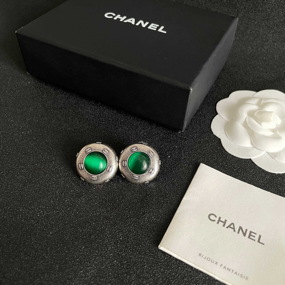 Double-C Emblem Stud Earrings in Polished Metal-Tone – Design 355 close-up detail