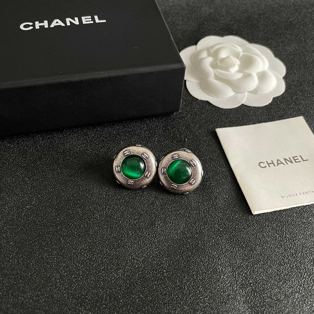 Double-C Emblem Stud Earrings in Polished Metal-Tone – Design 355 styled product view
