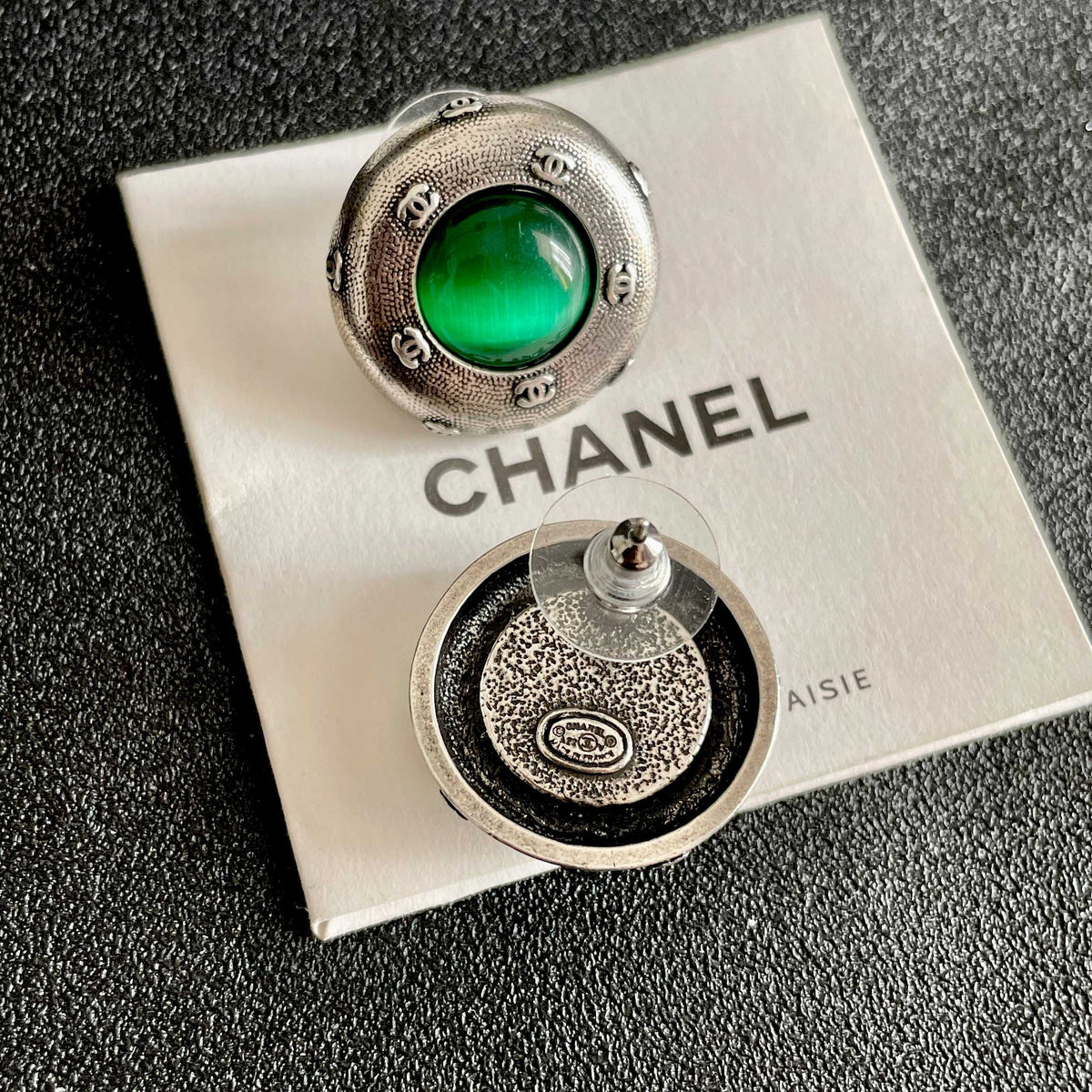 Double-C Emblem Stud Earrings in Polished Metal-Tone – Design 355 main product view