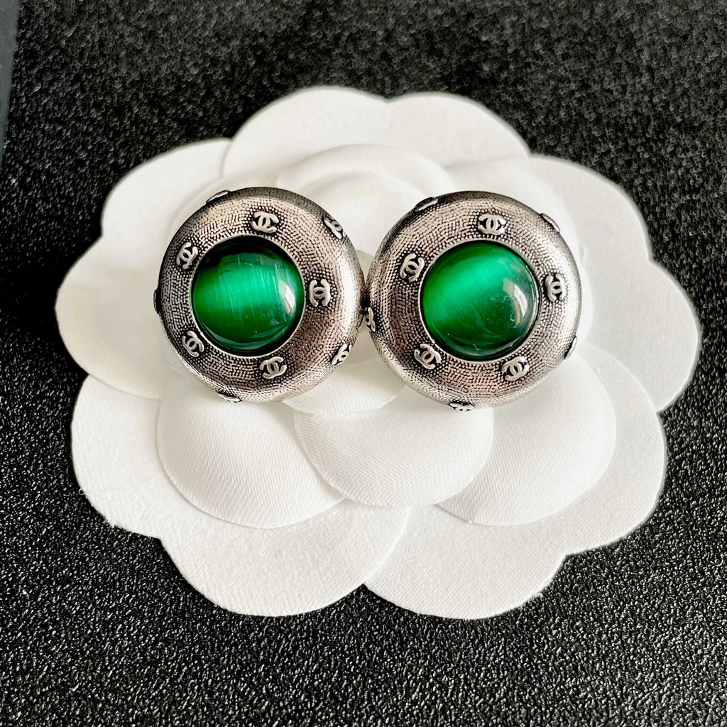 Double-C Emblem Stud Earrings in Polished Metal-Tone – Design 171 front product view