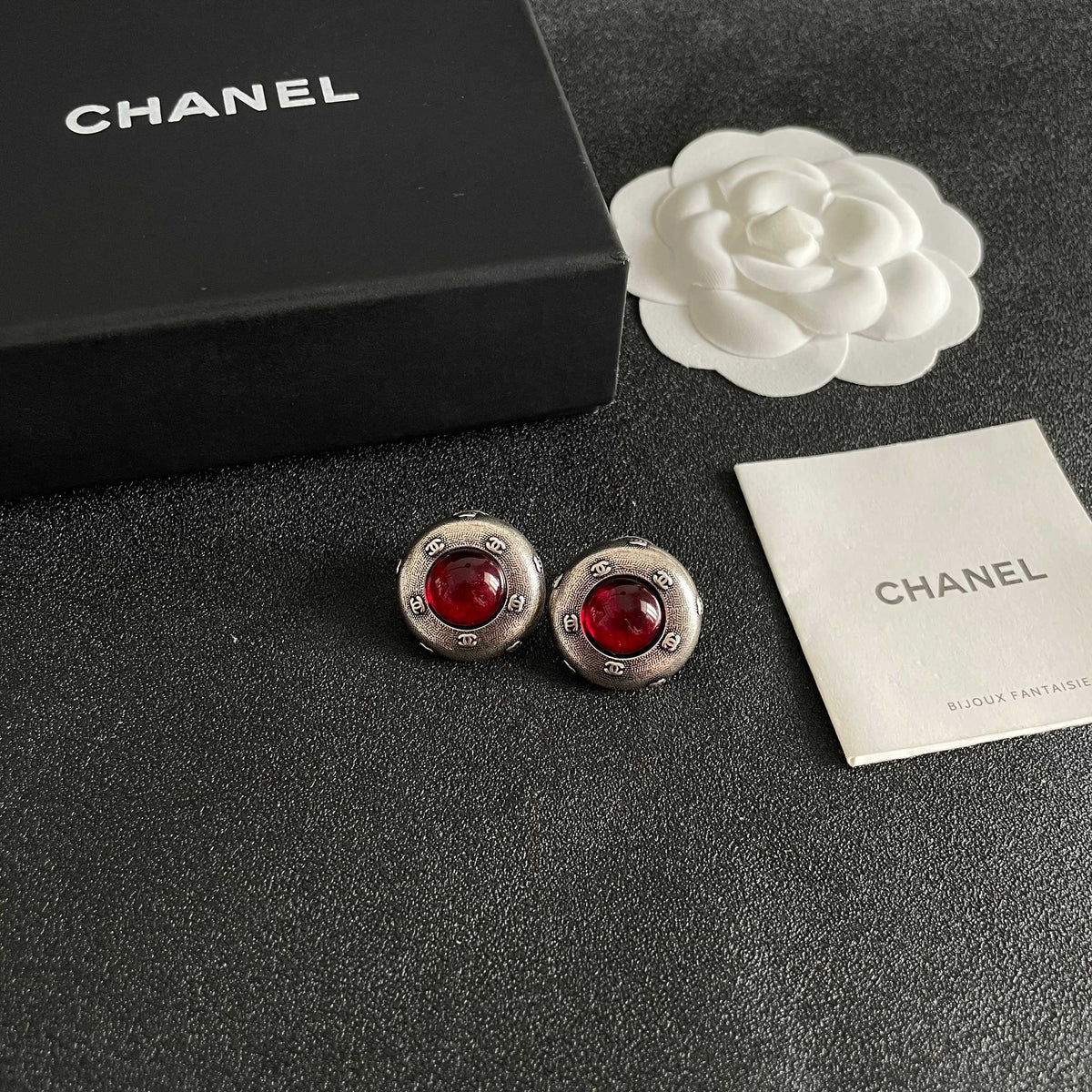 Double-C Emblem Stud Earrings in Polished Metal-Tone – Design 354 styled product view