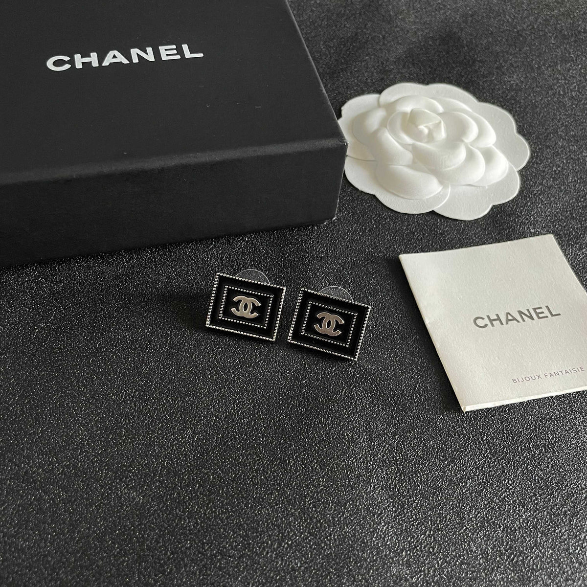 Double-C Emblem Stud Earrings in Polished Metal-Tone – Design 353 styled product view