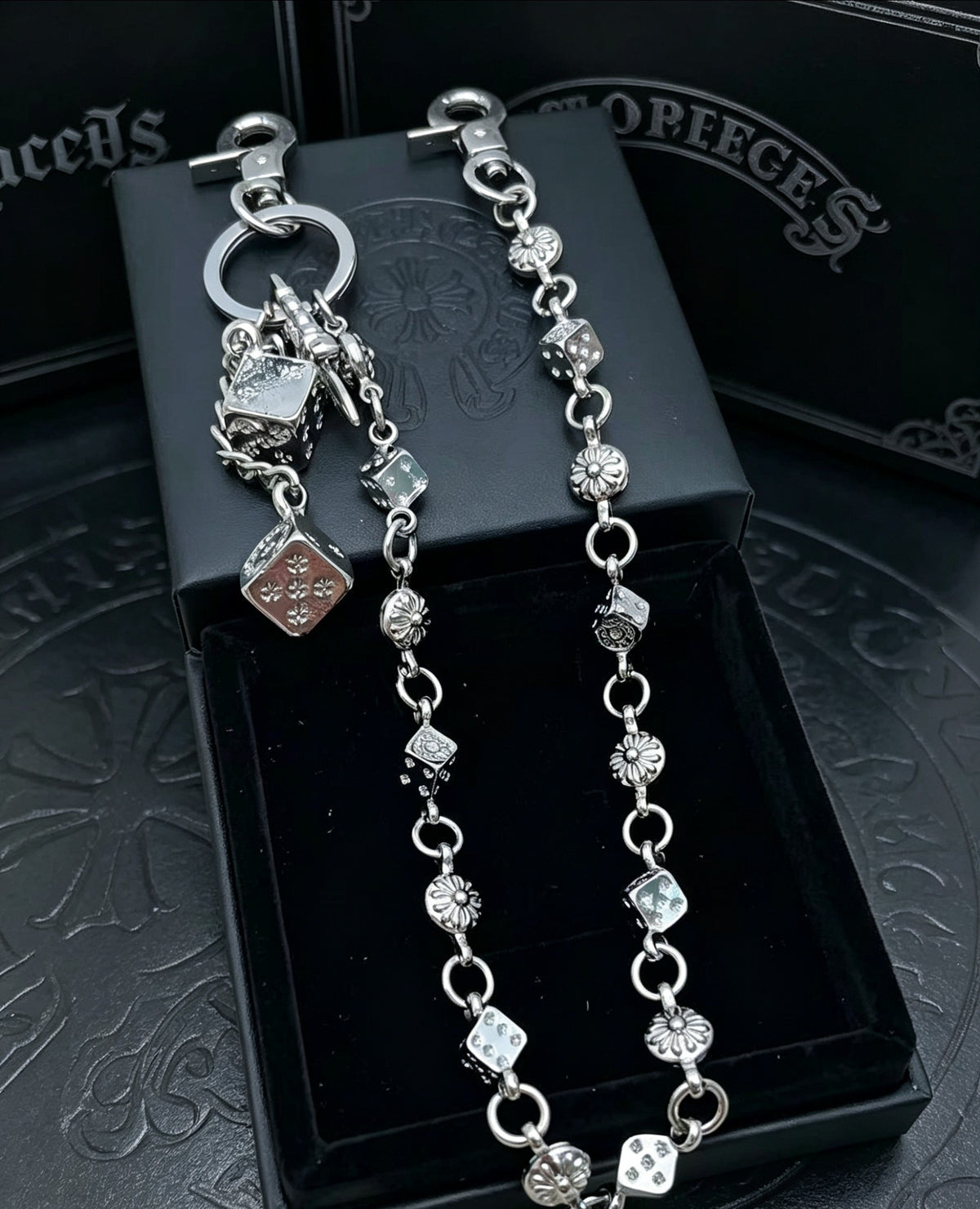 Floral Cross Multi-Use Chain Accessory – Dice Detail side detail