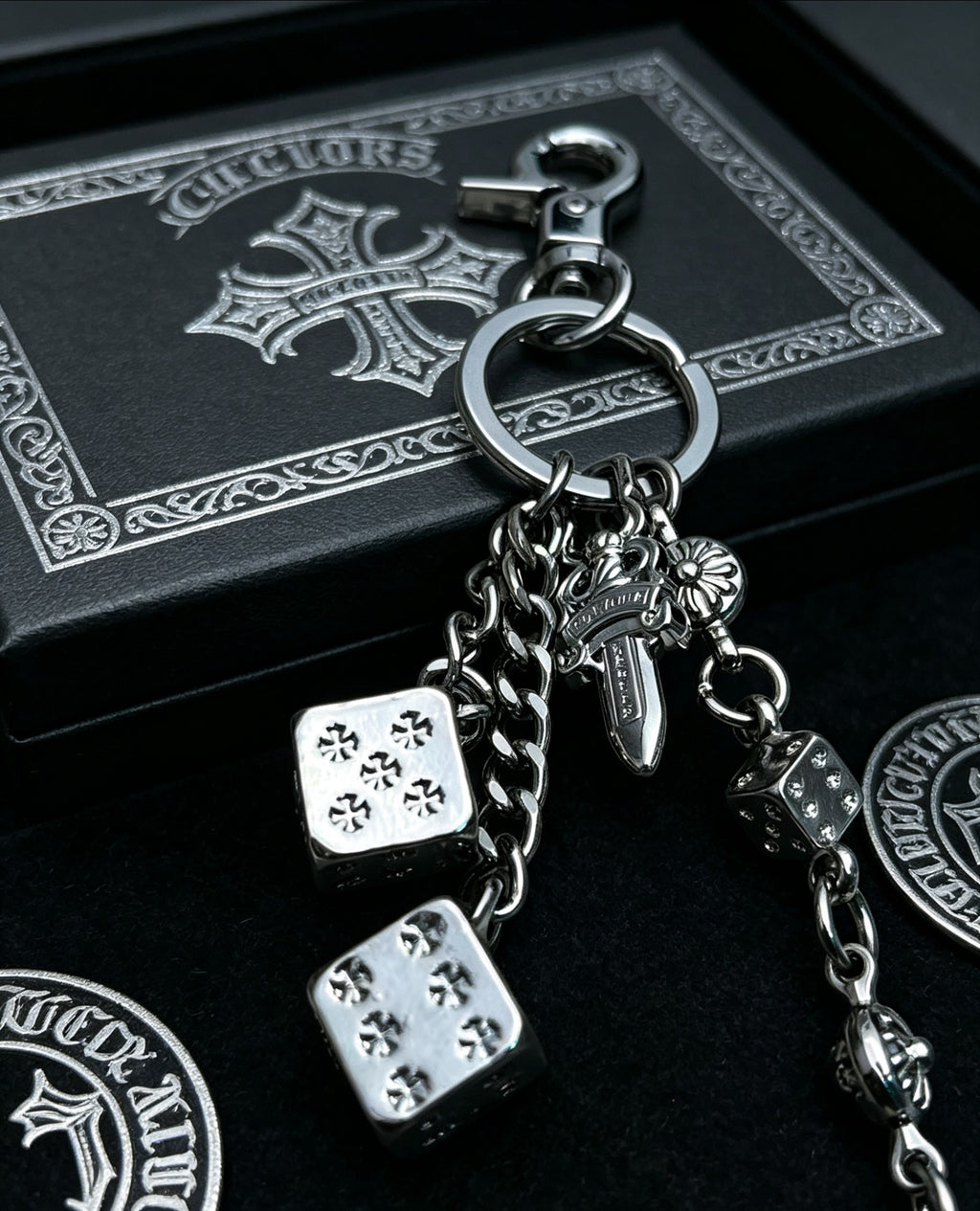 Floral Cross Multi-Use Chain Accessory – Dice Detail close-up detail