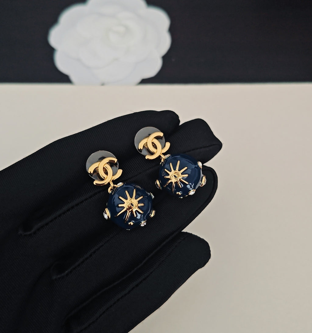 Signature Emblem Statement Earrings in Gold-Tone – Blue Detail – Design 003 detail view