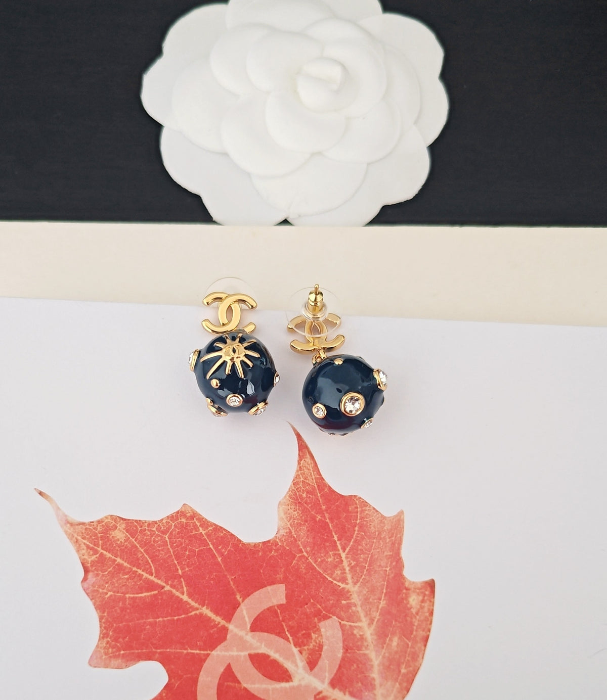 Signature Emblem Statement Earrings in Gold-Tone – Blue Detail – Design 003 styled product view