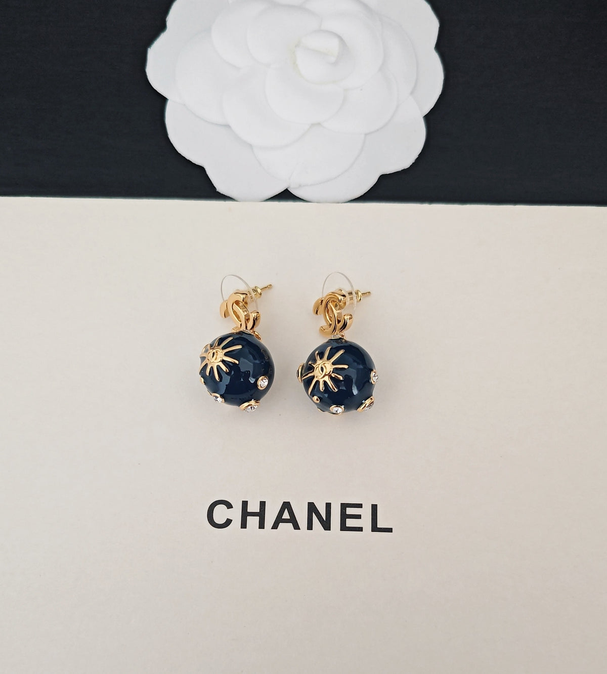 Signature Emblem Statement Earrings in Gold-Tone – Blue Detail – Design 003 side detail