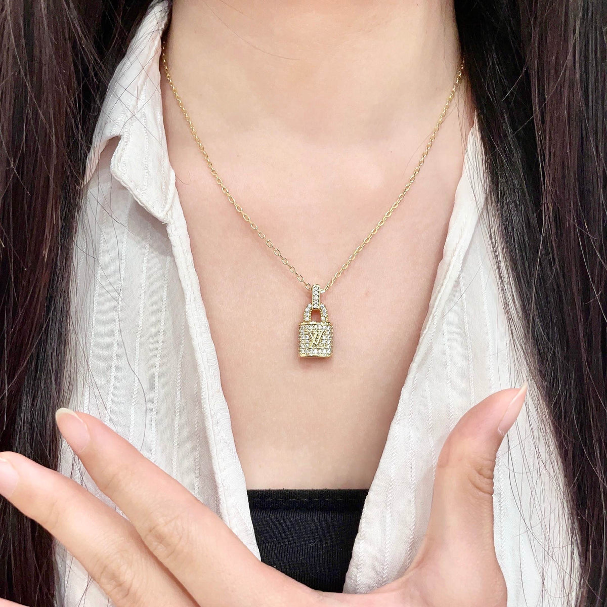 Geometric Emblem Pendant Necklace in Gold-Tone – Design 065 front product view