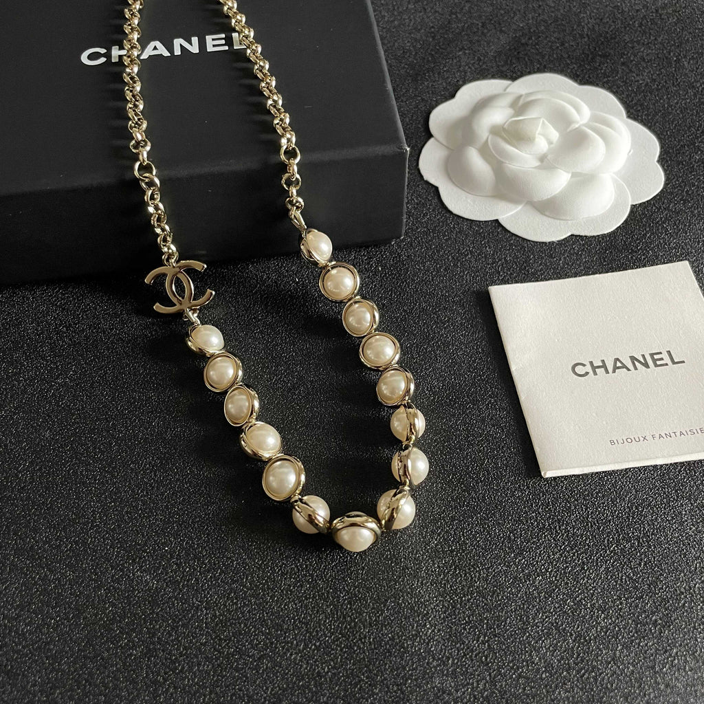 Double-C Emblem Pearl-Detail Pendant Necklace – Pearl Detail – Design 114 styled product view