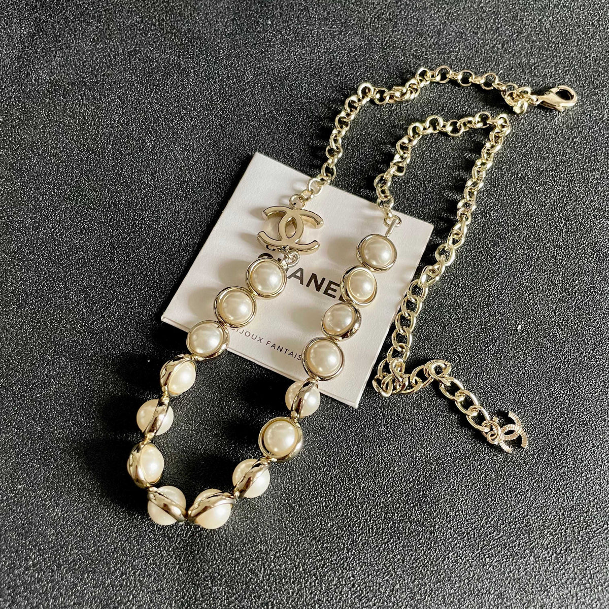 Double-C Emblem Pearl-Detail Pendant Necklace – Pearl Detail – Design 114 detail view