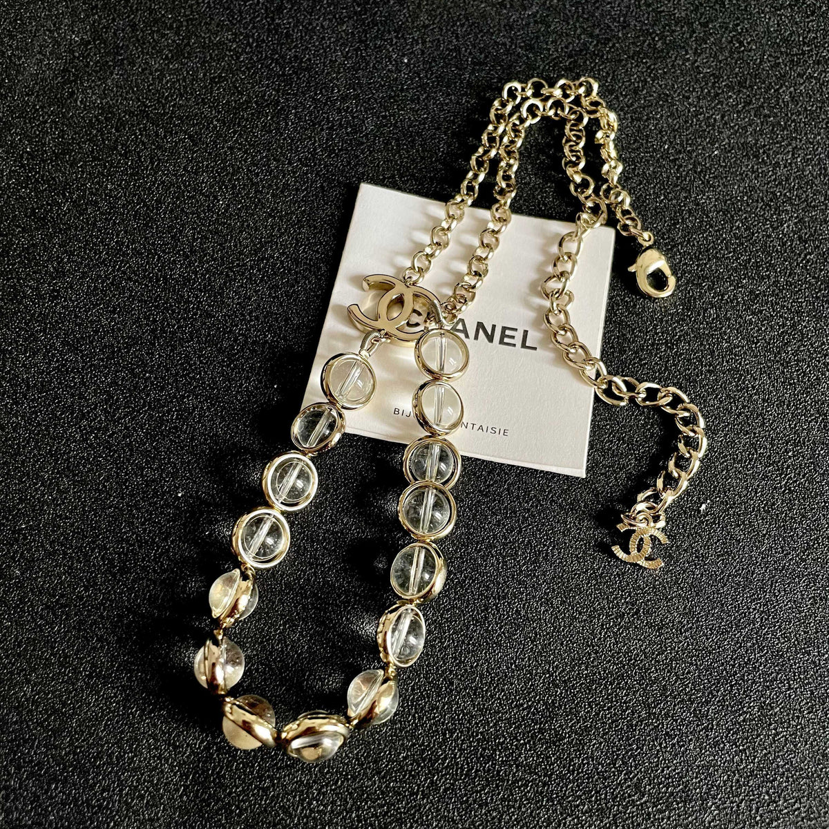 Double-C Emblem Pendant Necklace in Polished Metal-Tone – Design 068 detail view