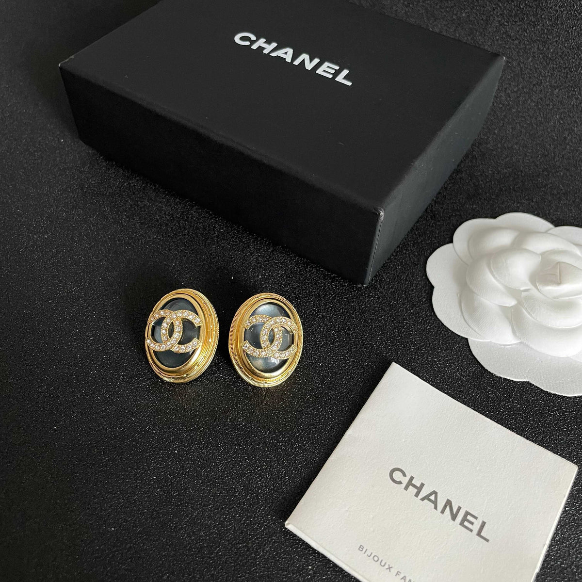 Double-C Emblem Crystal-Accent Stud Earrings – Design 054 close-up detail
