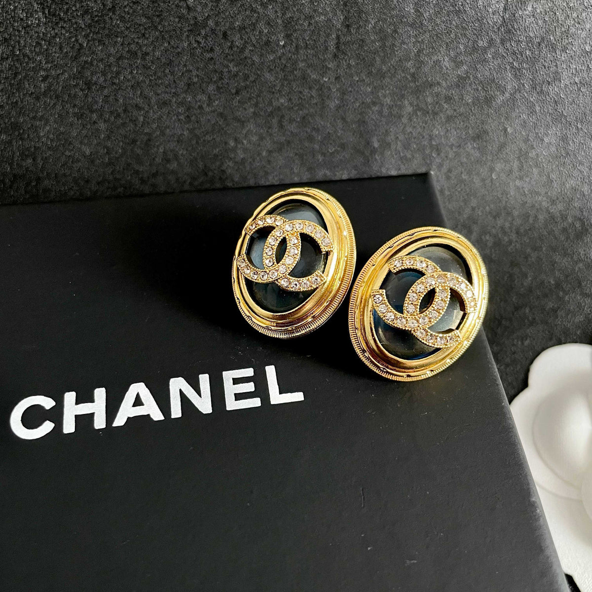 Double-C Emblem Crystal-Accent Stud Earrings – Design 054 detail view