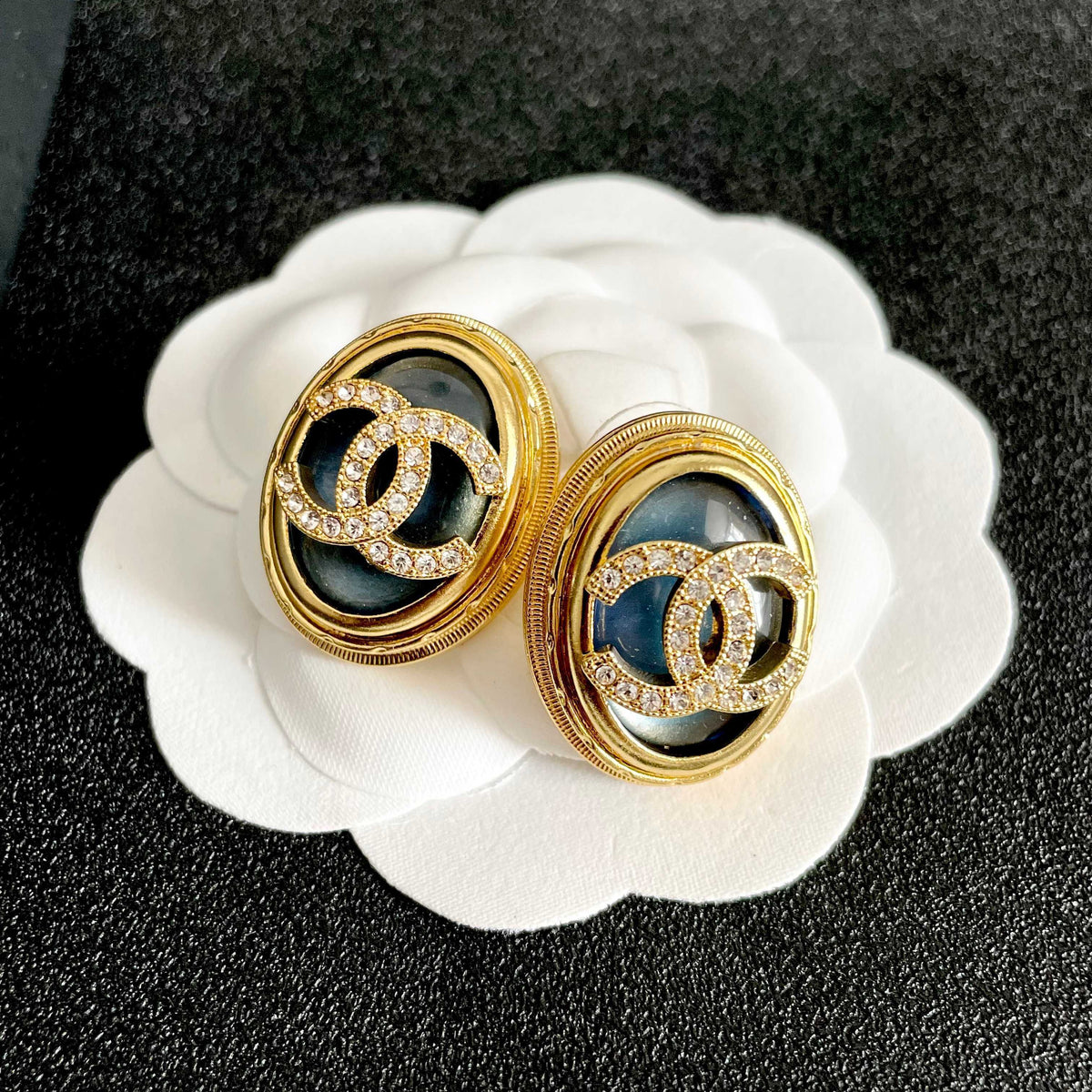 Double-C Emblem Crystal-Accent Stud Earrings – Design 020 front product view