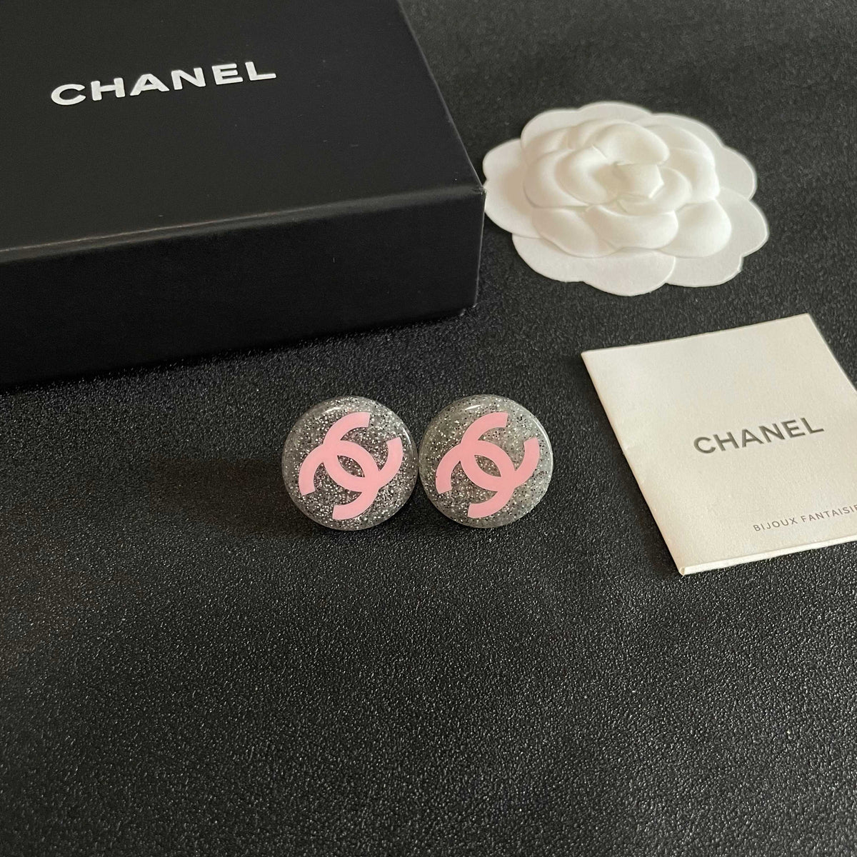 Double-C Emblem Stud Earrings in Polished Metal-Tone – Design 368 styled product view