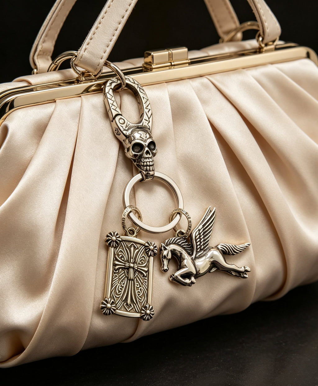 Floral Cross Keychain in Antique Silver-Tone front product view