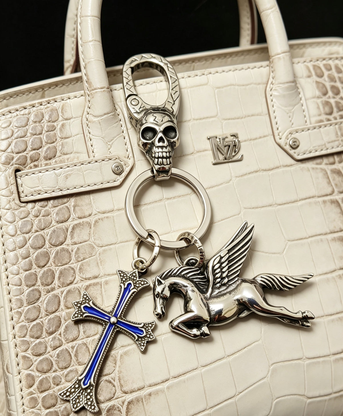 Signature Emblem Pendant in Polished Metal-Tone – Blue Detail detail view