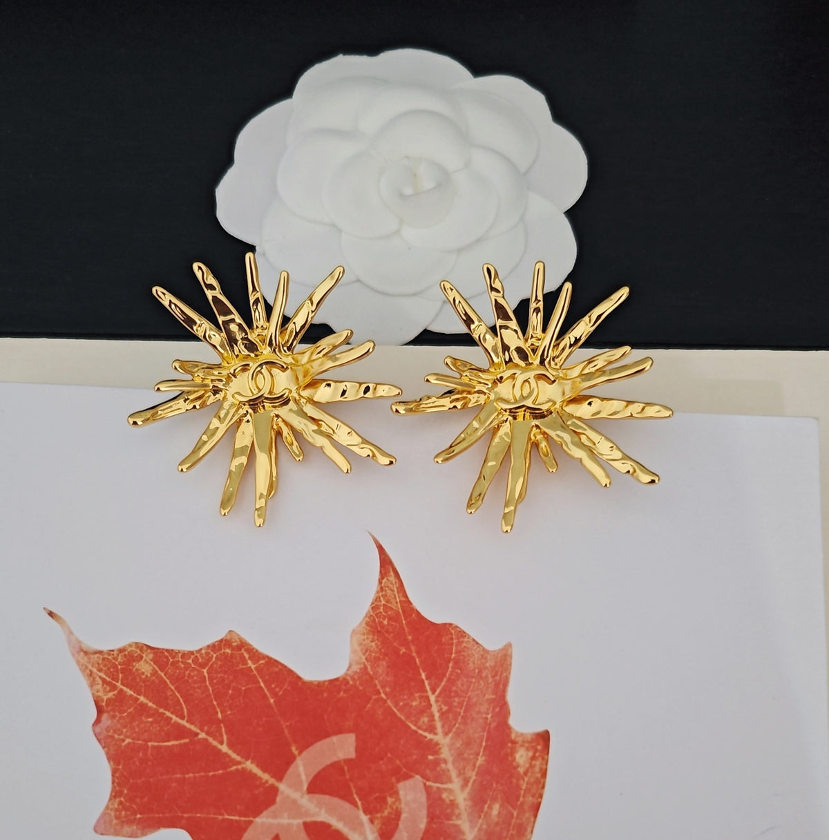 Signature Emblem Stud Earrings in Gold-Tone – Design 066 close-up detail