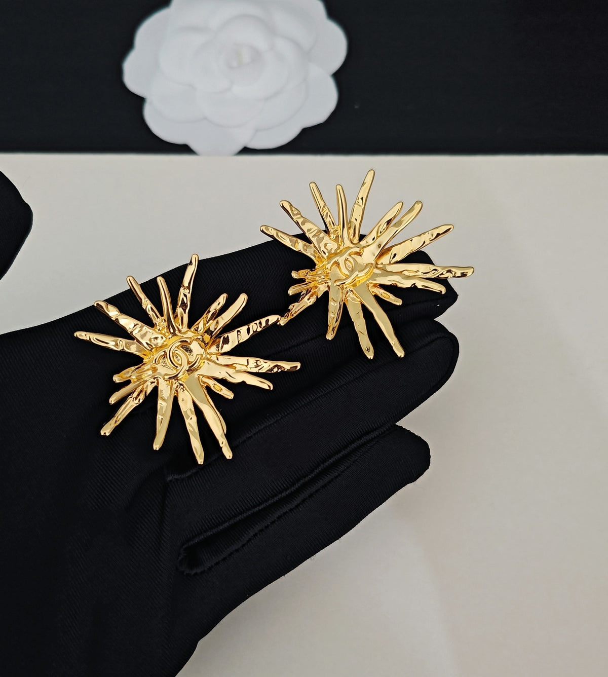 Signature Emblem Stud Earrings in Gold-Tone – Design 066 detail view