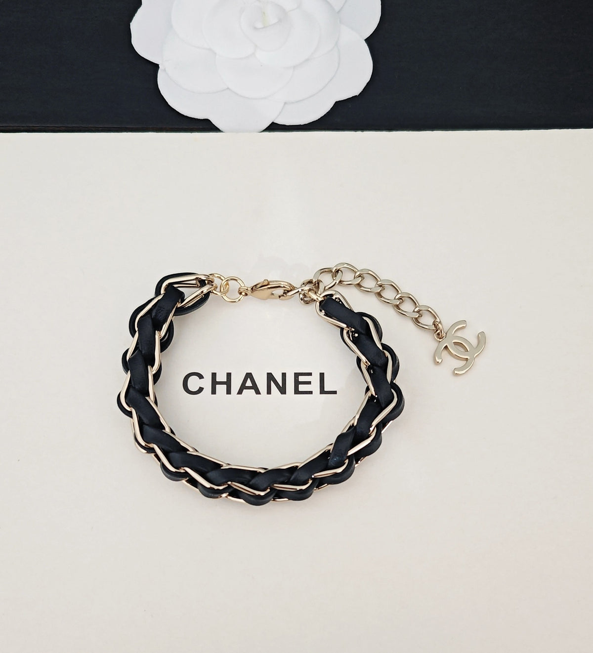 Signature Emblem Bracelet in Gold-Tone – Black Detail – Design 002 front product view