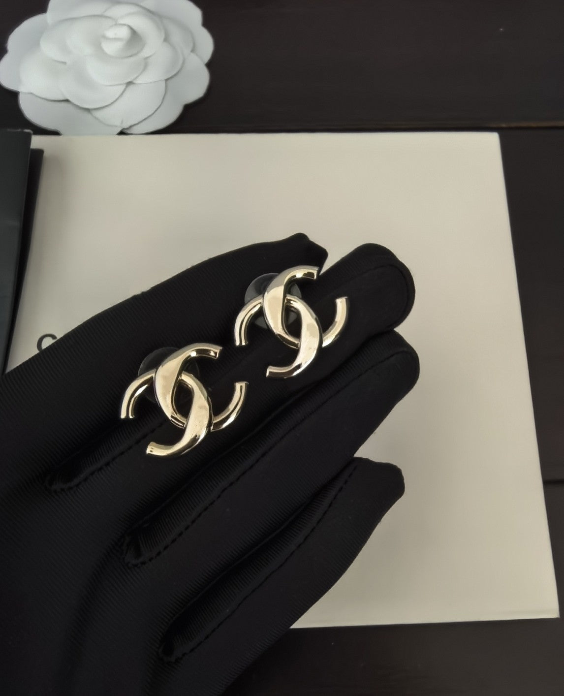 Signature Emblem Stud Earrings in Gold-Tone – Design 033 detail view