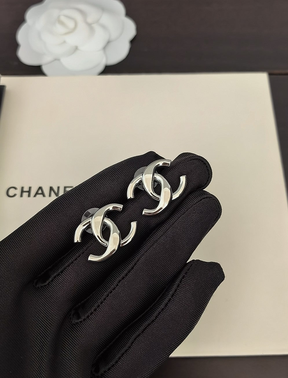 Signature Emblem Stud Earrings in Gold-Tone – White Detail – Design 003 detail view