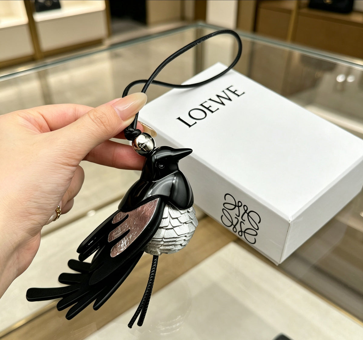 Bird Motif Bag Charm in Silver-Tone with Leather Detail main product view