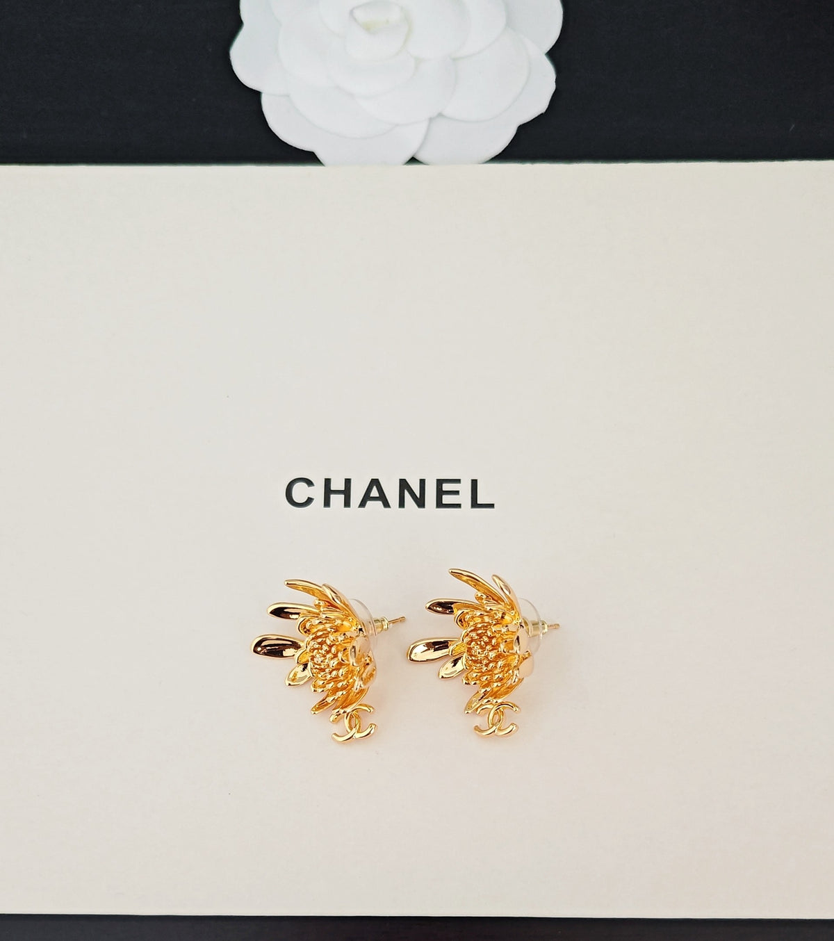 Camellia Statement Earrings in Gold-Tone – Camellia Detail – Design 002 close-up detail