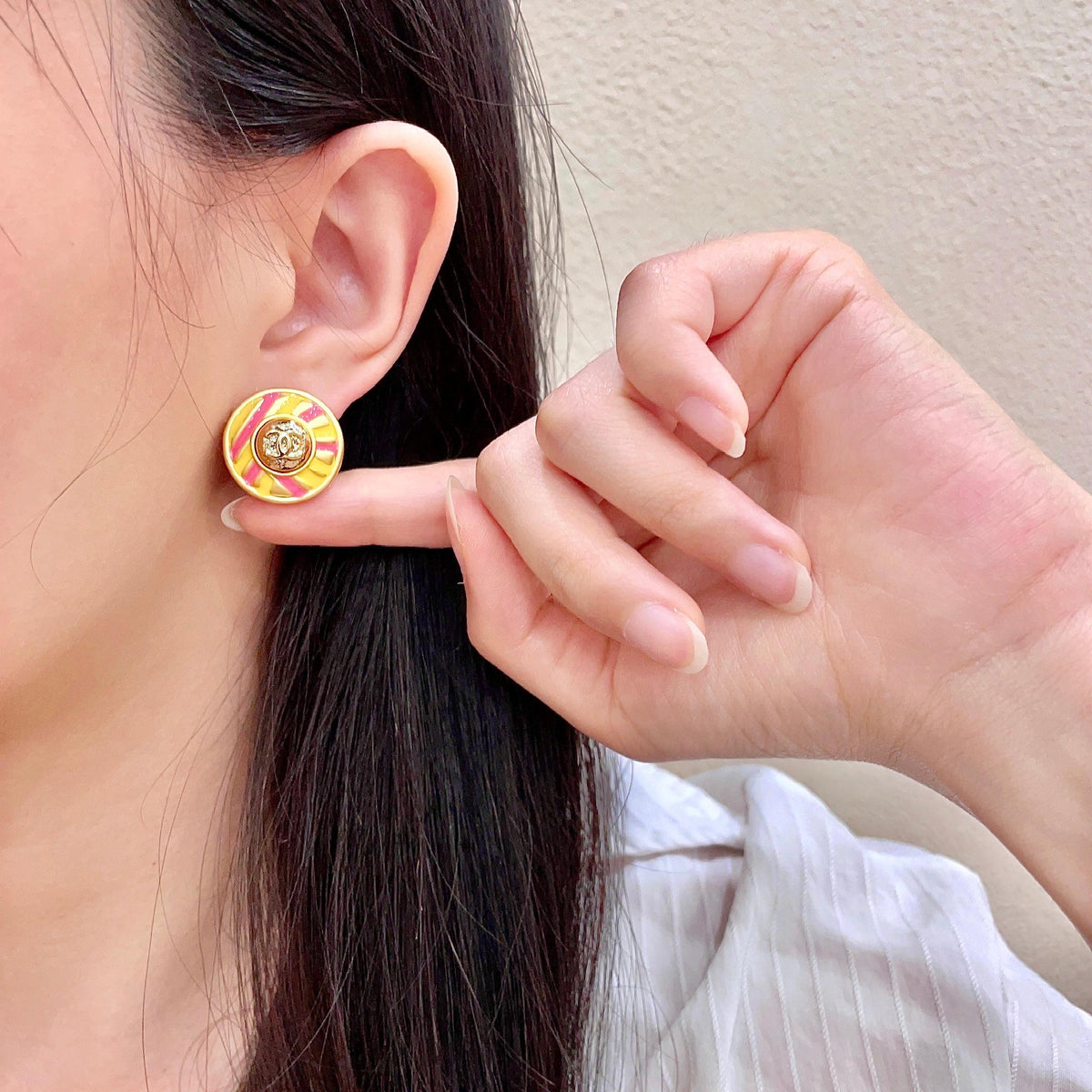Signature Emblem Stud Earrings in Polished Metal-Tone – Design 104 front product view