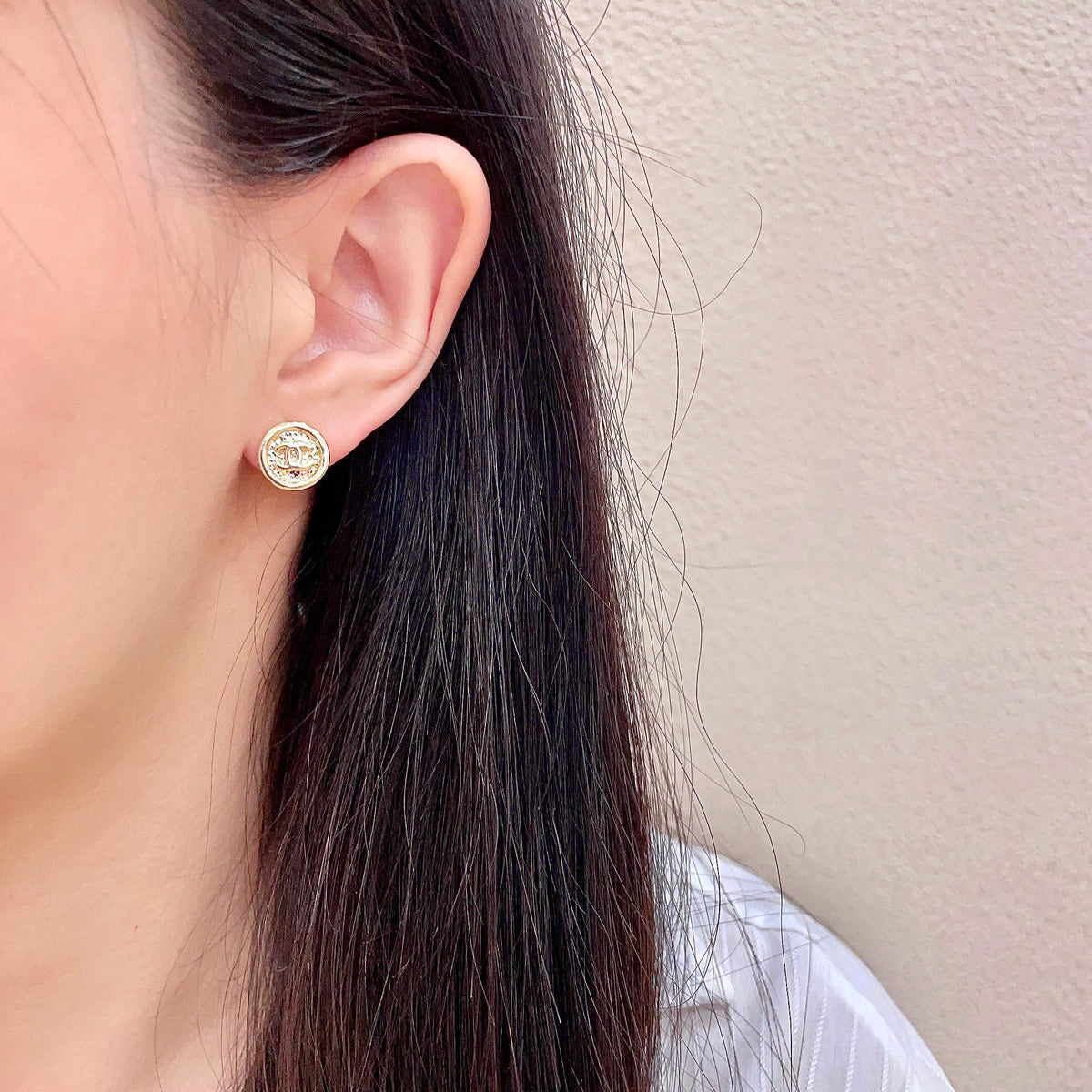 Signature Emblem Stud Earrings in Polished Metal-Tone – Design 093 detail view