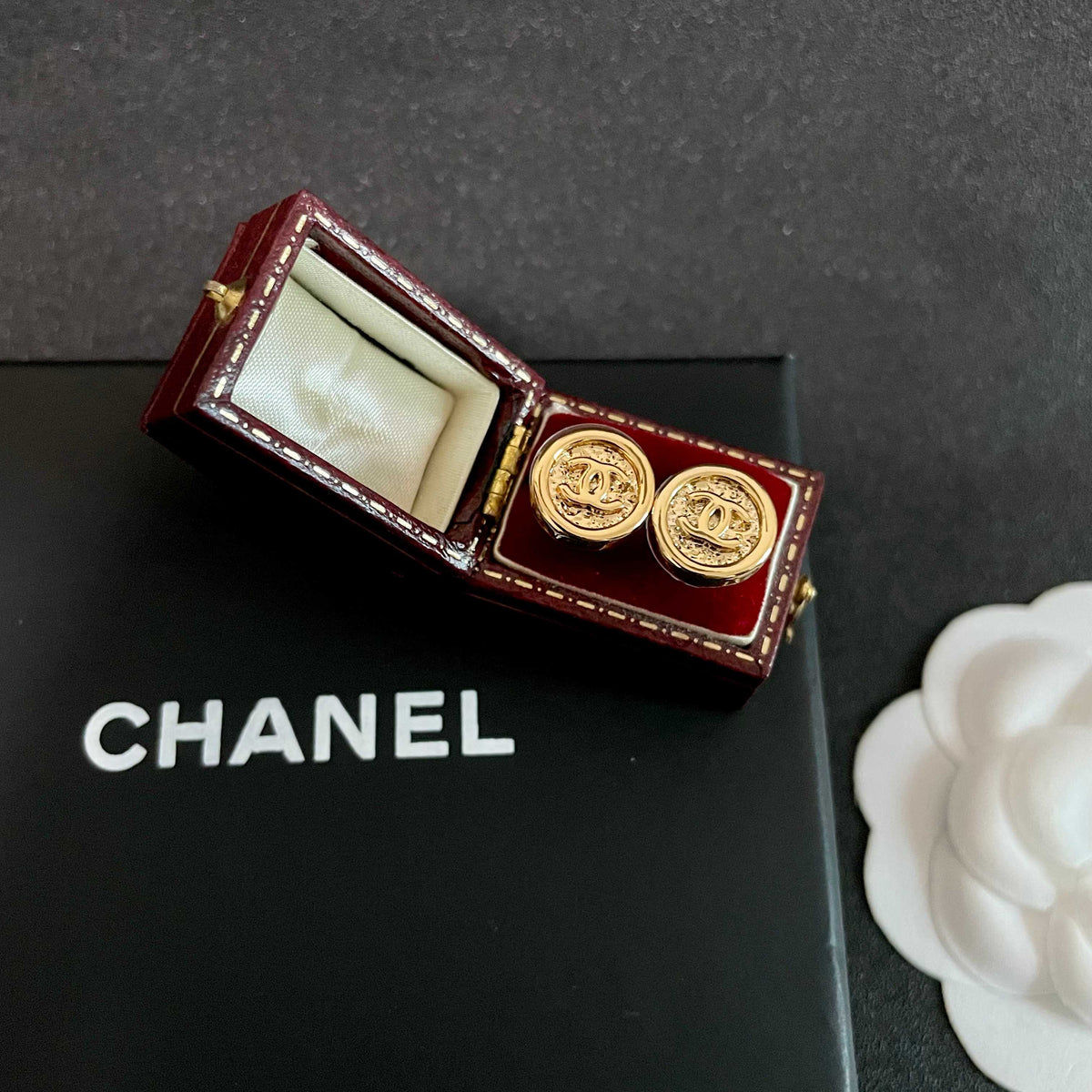 Signature Emblem Stud Earrings in Polished Metal-Tone – Design 093 front product view